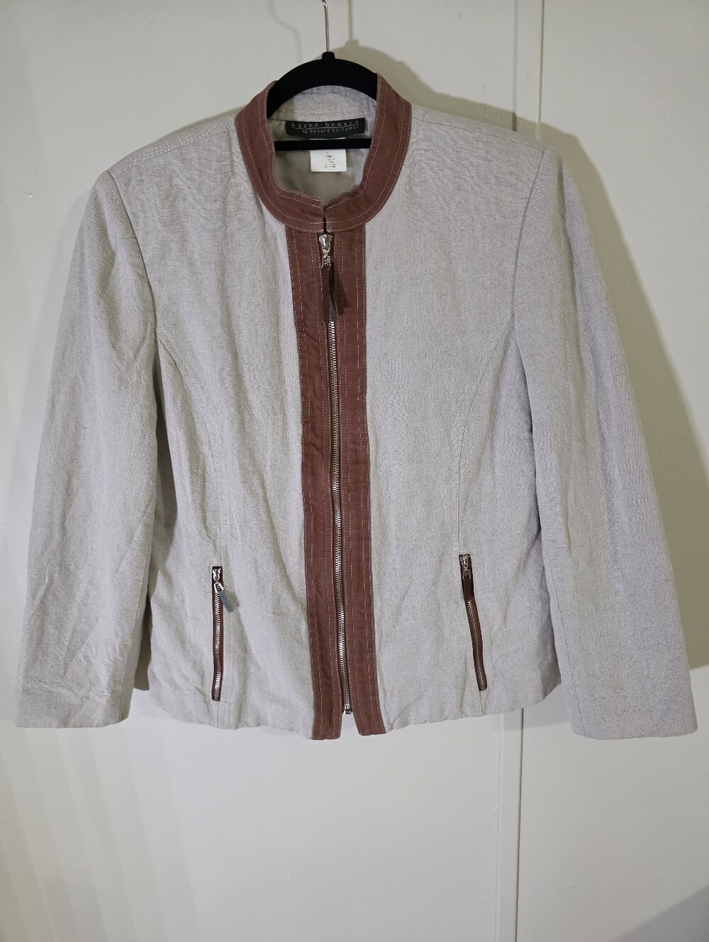 Harve Benard Cream Jacket with Brown Trimmed Zip Front
